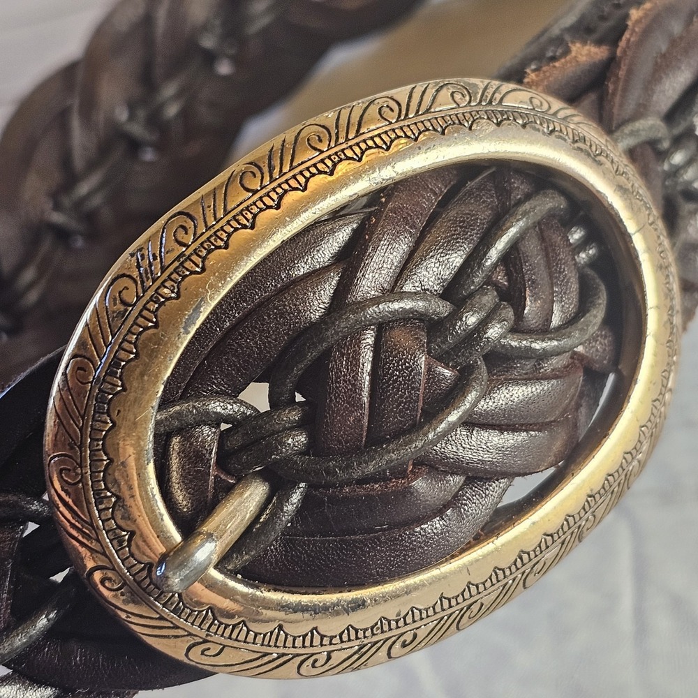 Vintage Brighton Belt Womens Small Brown Braided Leather Brass Scroll Buckle VTG